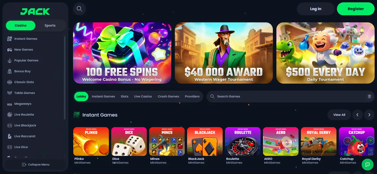 Jack welcome promotion panel showing the current free spins offer