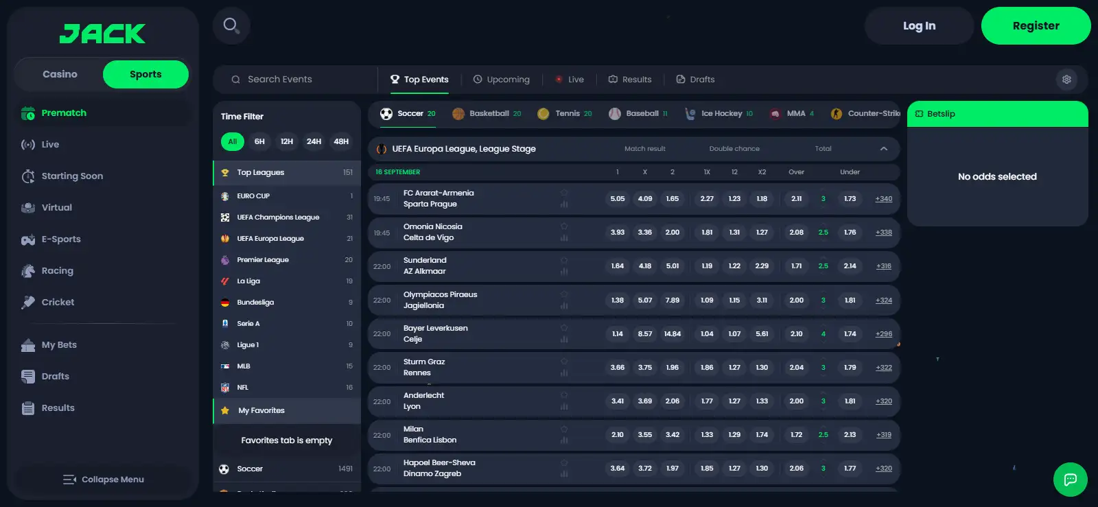 Current Jack sportsbook interface with sports navigation and betting categories visible