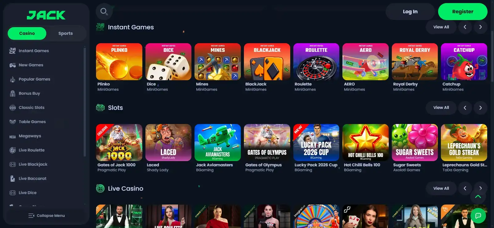 Jack casino lobby with category navigation and representative games