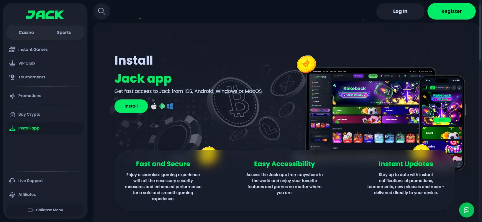 Official Jack web app installation page with mobile and desktop platform choices
