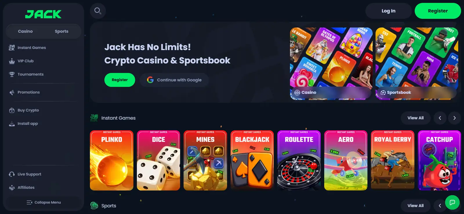 Current Jack.com casino homepage showing the Jack brand